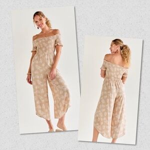 AUDREY PARKS Francesca's Tan Susanna Palm Spring Summer Off Shoulder Jumpsuit M